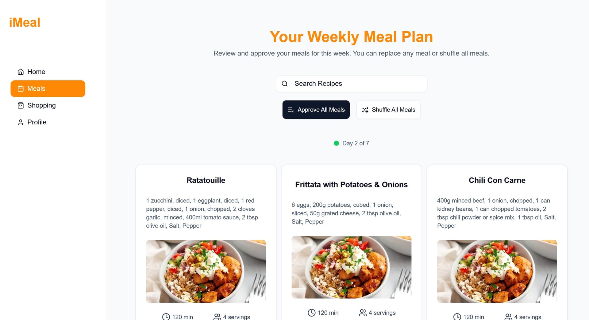 iMeal interface